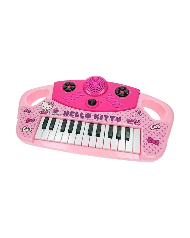 Pink Hello Kitty electronic toy piano for kids, colorful children's musical instrument with playful Hello Kitty design.