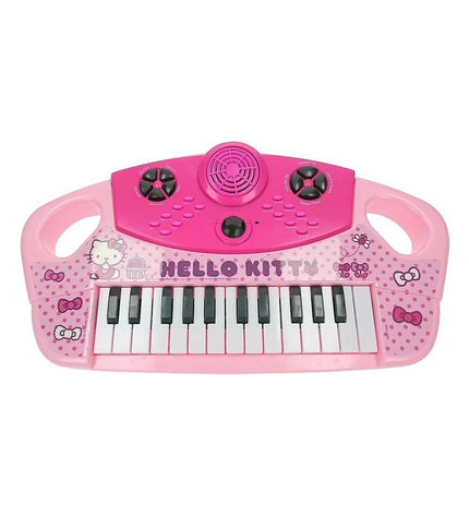 Pink Hello Kitty electronic toy piano for kids, colorful musical instrument with playful Hello Kitty design and keys.