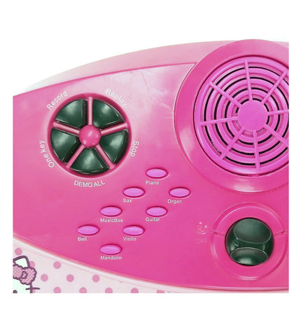 Pink Hello Kitty electronic toy piano for kids, colorful musical instrument with playful Hello Kitty design and keys.