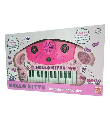 Hello Kitty roze elektronische speelgoed piano for kids, colorful musical instrument with keyboard and playful design.