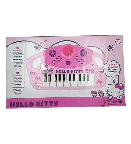 Pink Hello Kitty electronic toy piano for kids, colorful musical instrument suitable for children’s play and learning.