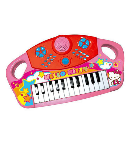 Pink Hello Kitty electronic toy piano for children, colorful music instrument with adorable Hello Kitty design.
