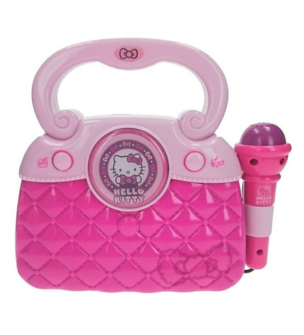 Hello Kitty karaoke handbag in pink, electronic toy for kids, featuring Hello Kitty branding and playful design.