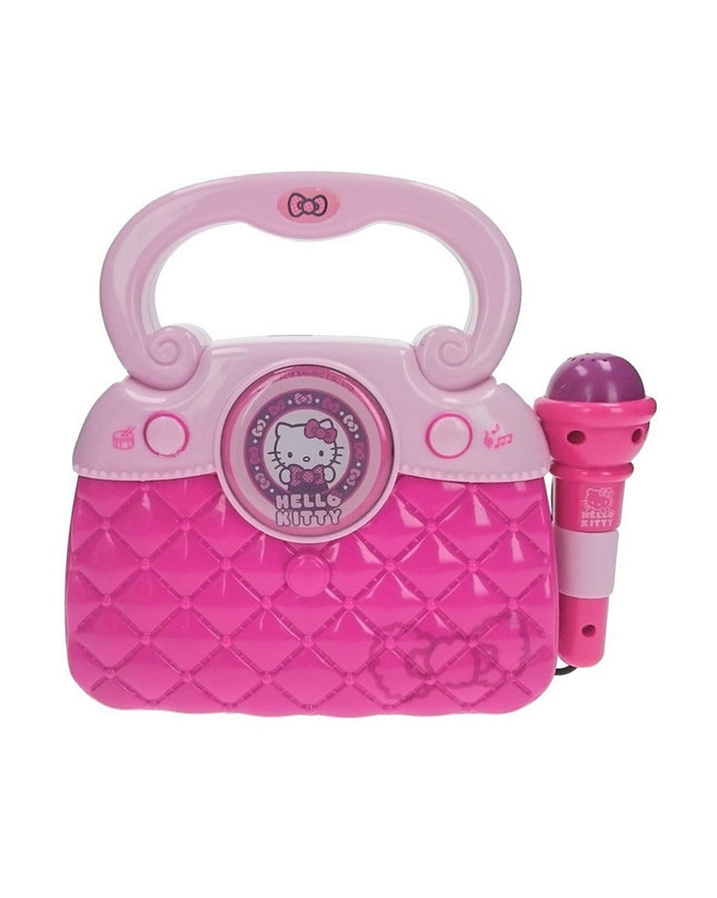 Hello Kitty karaoke handbag in pink, electronic toy for kids, featuring Hello Kitty branding and playful design.