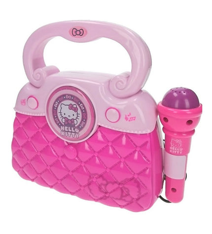 Pink Hello Kitty karaoke handbag, electronic toy with playful design, featuring Hello Kitty branding and fun musical elements.