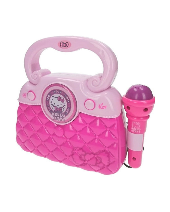Pink Hello Kitty karaoke handbag, electronic toy with playful design, featuring Hello Kitty branding and fun musical elements.