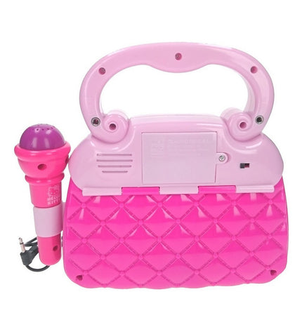Pink Hello Kitty karaoke handbag toy with electronic features, designed for children’s entertainment and play.