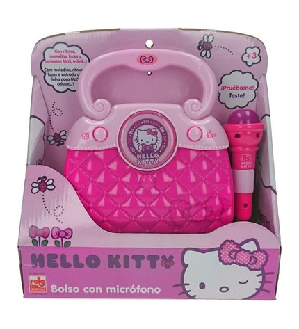 Pink Hello Kitty karaoke handbag, electronic toy and game featuring a playful design with Hello Kitty branding and musical elements.