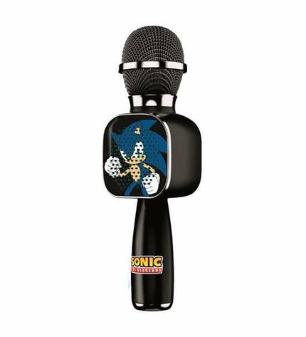 Sonic karaoke microphone toy with Bluetooth connectivity, compact size, and colorful design for kids' singing and entertainment.