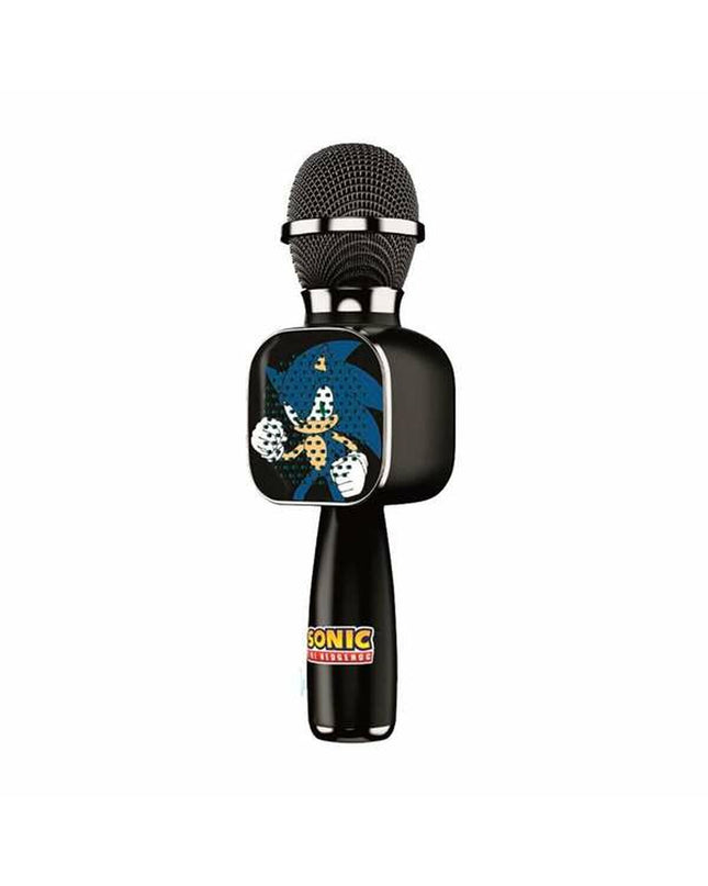 Sonic karaoke microphone toy with Bluetooth connectivity, compact size, and colorful design for kids' singing and entertainment.