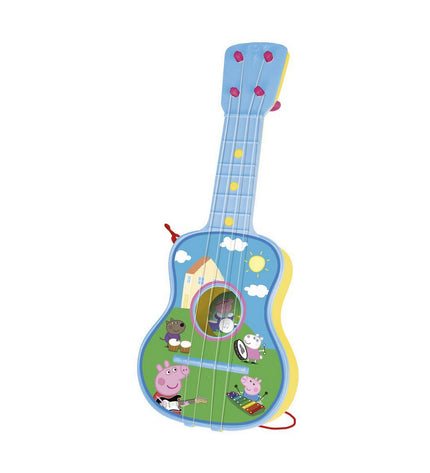 Blue Peppa Pig toy guitar for kids, colorful musical instrument featuring Peppa Pig character, suitable for children's play and music.