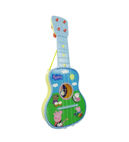 Blue Peppa Pig toy guitar for kids, musical instrument from Peppa Pig playset, colorful and child-friendly design.