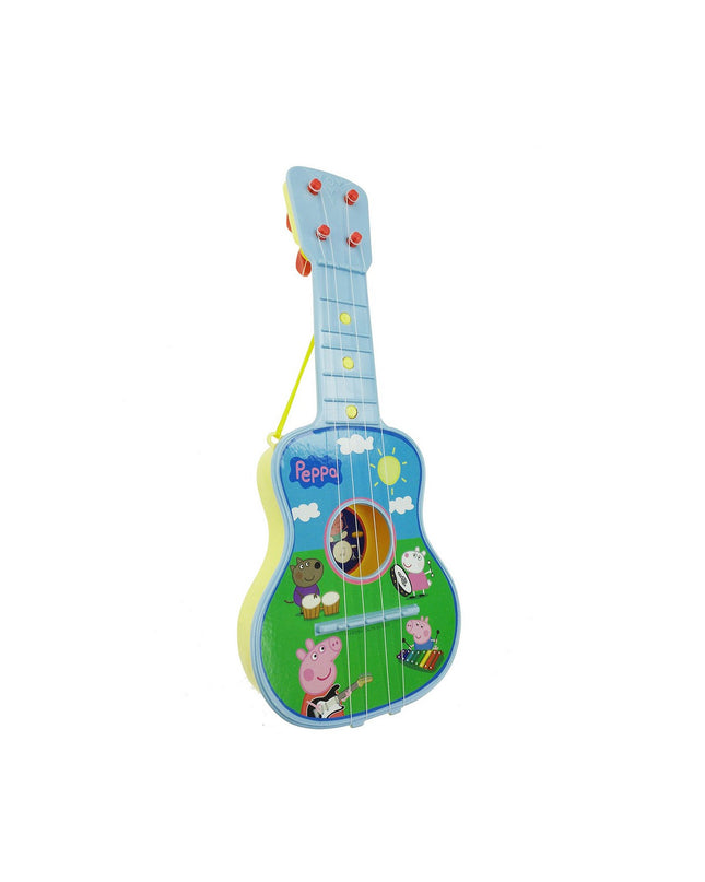 Blue Peppa Pig toy guitar for kids, musical instrument from Peppa Pig playset, colorful and child-friendly design.