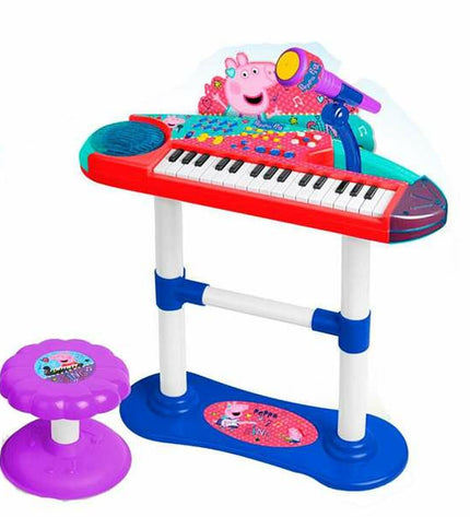 Peppa Pig toy piano with a microphone and stool, designed for children, featuring colorful Peppa Pig characters and musical elements.