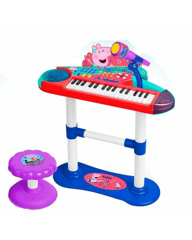 Peppa Pig toy piano with a microphone and stool, designed for children, featuring colorful Peppa Pig characters and musical elements.