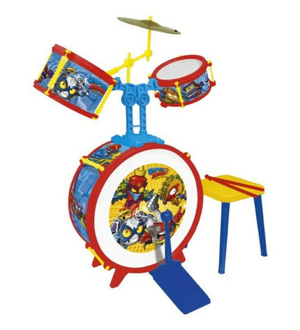 SuperThings Drums toy set, children's musical instrument, colorful plastic drums with drumsticks, ideal for kids' play and music fun.