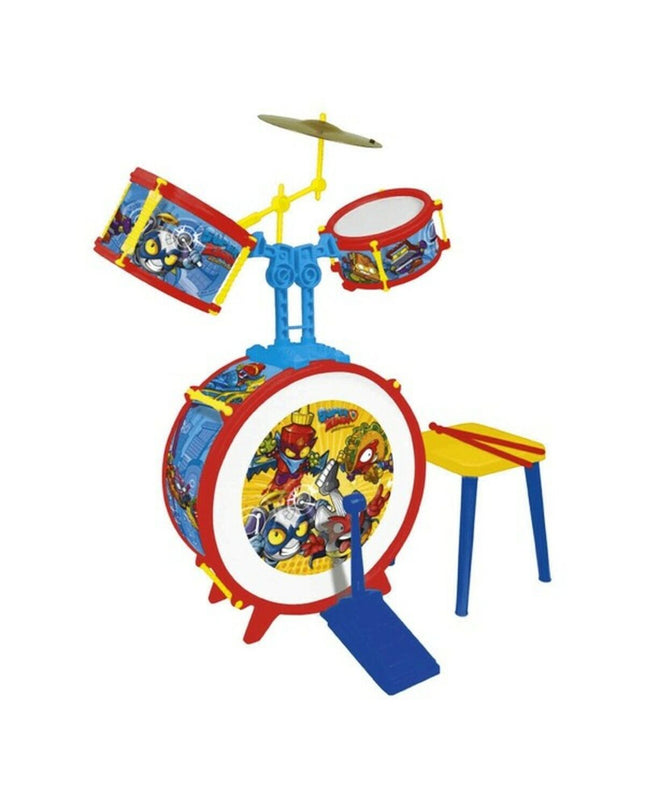 SuperThings Drums toy set, children's musical instrument, colorful plastic drums with drumsticks, ideal for kids' play and music fun.