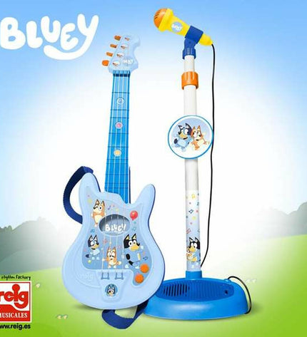 Bluey baby toy guitar with adjustable microphone, blue color, compact size 60x30x17 mm, designed for young children.