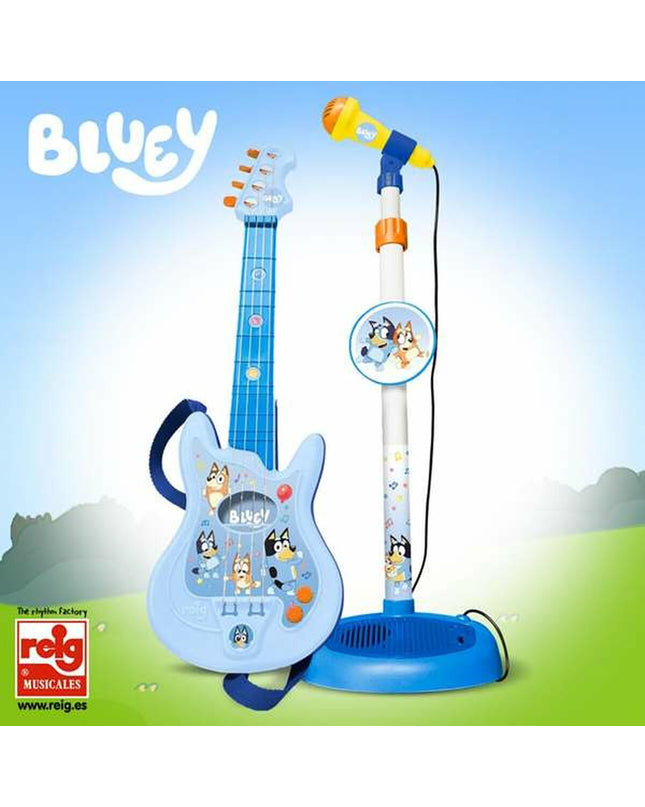 Bluey baby toy guitar with adjustable microphone, blue color, compact size 60x30x17 mm, designed for young children.