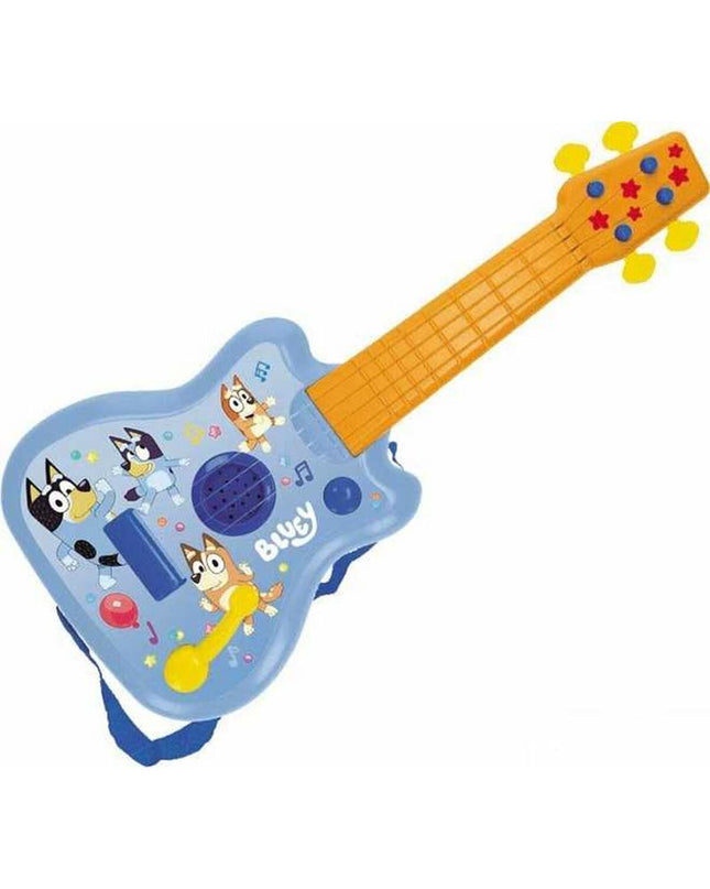 Fisher-Price Bluey children's toy guitar, colorful plastic musical instrument for kids, with fun character design and bright details.