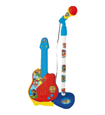 Paw Patrol kindergitaar with built-in microphone, colorful toy musical instrument for children, featuring Paw Patrol characters.