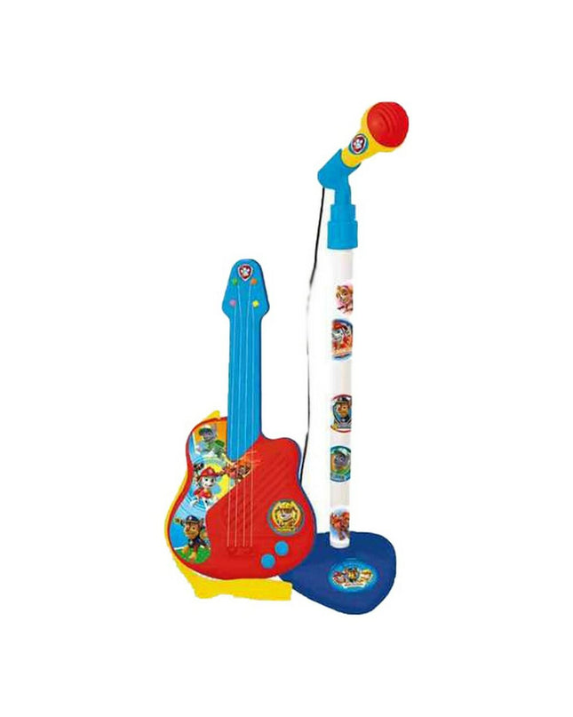 Paw Patrol kindergitaar with built-in microphone, colorful toy musical instrument for children, featuring Paw Patrol characters.