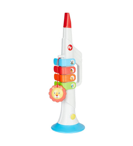 Fisher-Price 30 cm toy fish-shaped trumpet for children, colorful musical instrument for kids' play and entertainment.