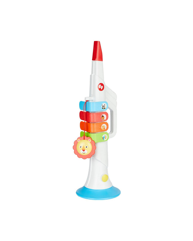 Fisher-Price 30 cm toy fish-shaped trumpet for children, colorful musical instrument for kids' play and entertainment.