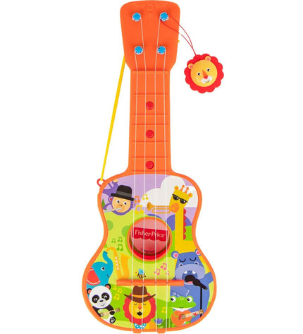Fisher-Price kindergitaar with colorful animal-themed design, soft strings, and playful buttons for children’s musical fun.
