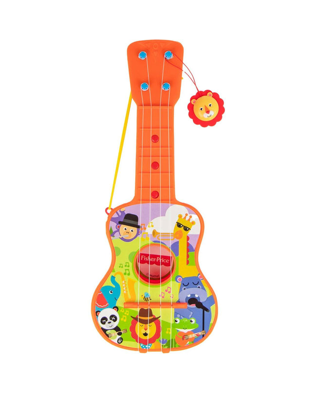Fisher-Price kindergitaar with colorful animal-themed design, soft strings, and playful buttons for children’s musical fun.