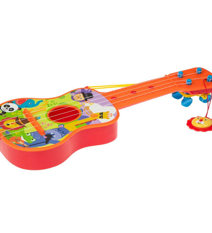 Fisher-Price kindergitaar with colorful animal designs, ideal for children's musical play and early learning.