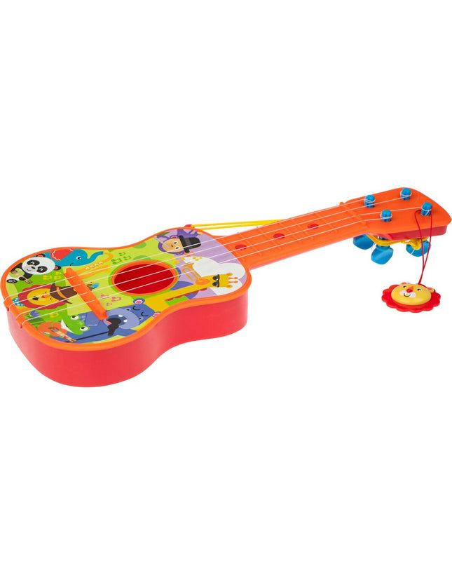 Fisher-Price kindergitaar with colorful animal designs, ideal for children's musical play and early learning.