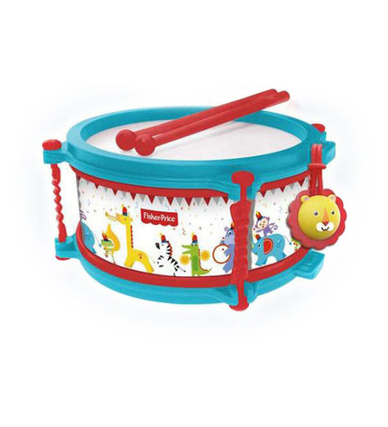 Fisher-Price plastic animal drum toy for children, colorful and lightweight musical instrument for kids' play and music activities.