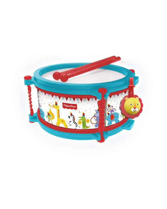 Fisher-Price plastic animal drum toy for children, colorful and lightweight musical instrument for kids' play and music activities.