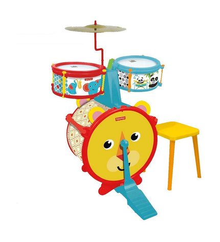 Fisher-Price plastic children's drum set with colorful animal-themed design, measuring 55x38x36 cm, for kids' musical play.