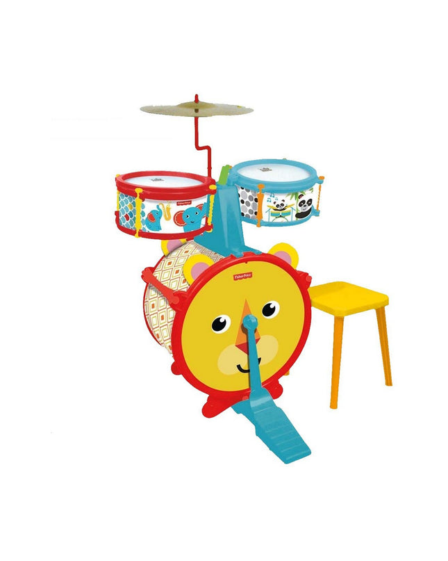 Fisher-Price plastic children's drum set with colorful animal-themed design, measuring 55x38x36 cm, for kids' musical play.