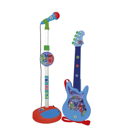 Blue PJ Masks Kindergitaar with microphone, toy music instrument for kids, colorful and fun musical plaything.