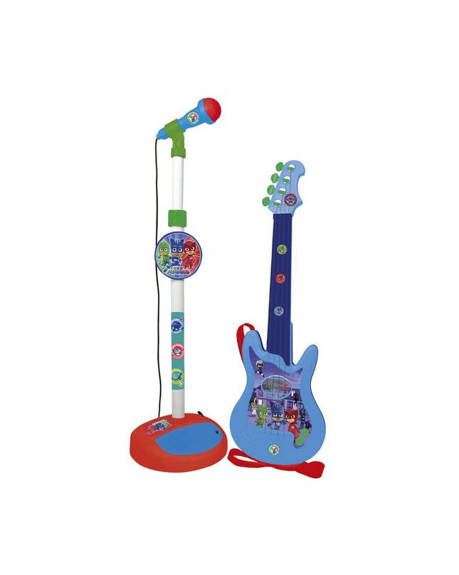 Blue PJ Masks Kindergitaar with microphone, toy music instrument for kids, colorful and fun musical plaything.