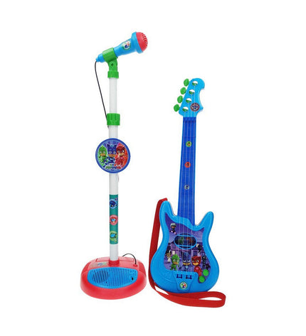Blue PJ Masks toy microphone for kids, colorful musical instrument suitable for children’s play and imaginative games.
