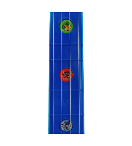 Blue PJ Masks kids' toy microphone guitar, playful musical instrument for children, with colorful design and buttons for sound effects.