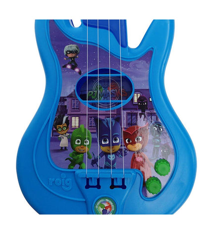 Blue PJ Masks kids' toy guitar with microphone, suitable for children’s music and play, featuring colorful PJ Masks branding.