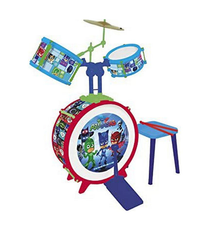 PJ Masks plastic toy drums for children, colorful musical instrument set featuring PJ Masks characters, fun and playful design.