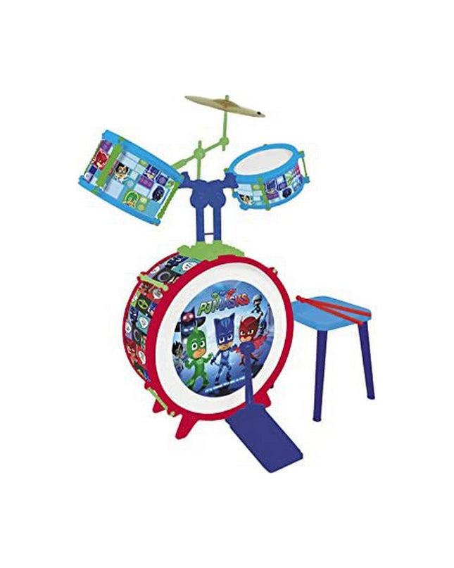 PJ Masks plastic toy drums for children, colorful musical instrument set featuring PJ Masks characters, fun and playful design.