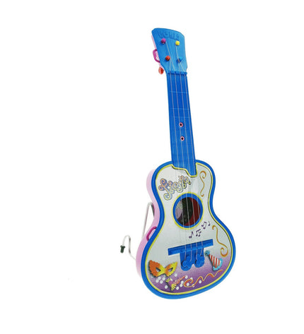Reig Kindergitaar Reig Party with four blue and white strings, children’s musical instrument and toy for kids.