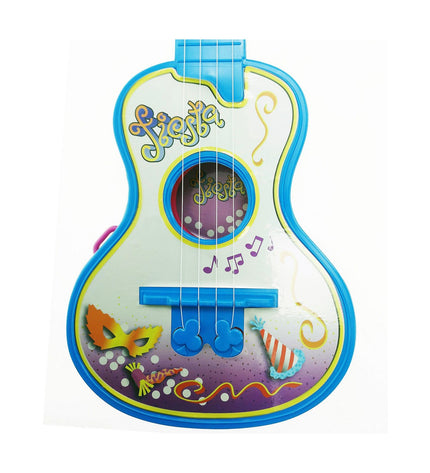 Reig Kindergitaar Reig Party with four blue and white strings, colorful toy guitar for children, musical instrument and plaything.