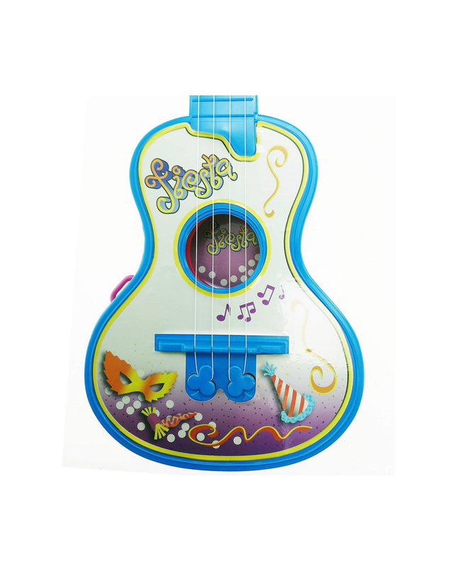 Reig Kindergitaar Reig Party with four blue and white strings, colorful toy guitar for children, musical instrument and plaything.