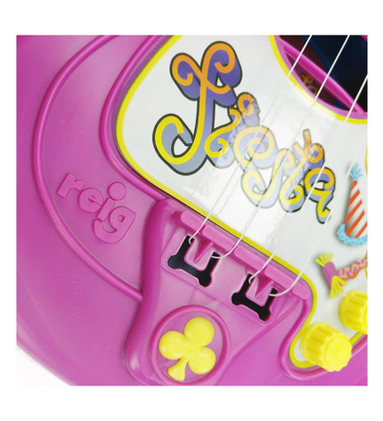 Reig Kindergitaar Reig Party with four colorful strings, blue and purple, designed for children's musical play and entertainment.