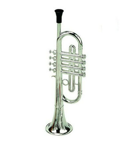 Silver Reig toy trumpet for kids, colorful plastic musical instrument perfect for children's play and musical fun.
