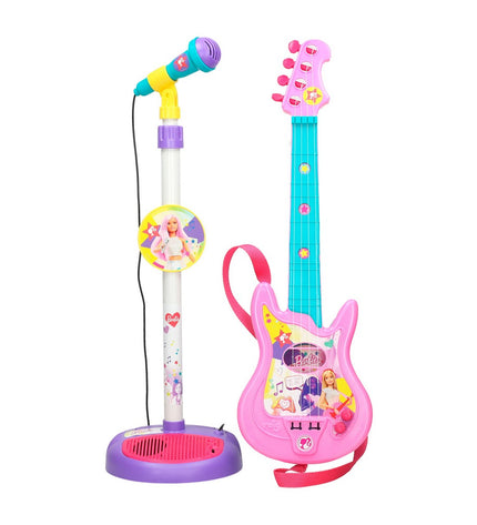Barbie music set featuring a toy microphone and mini guitar for children, perfect for imaginative play and musical fun.