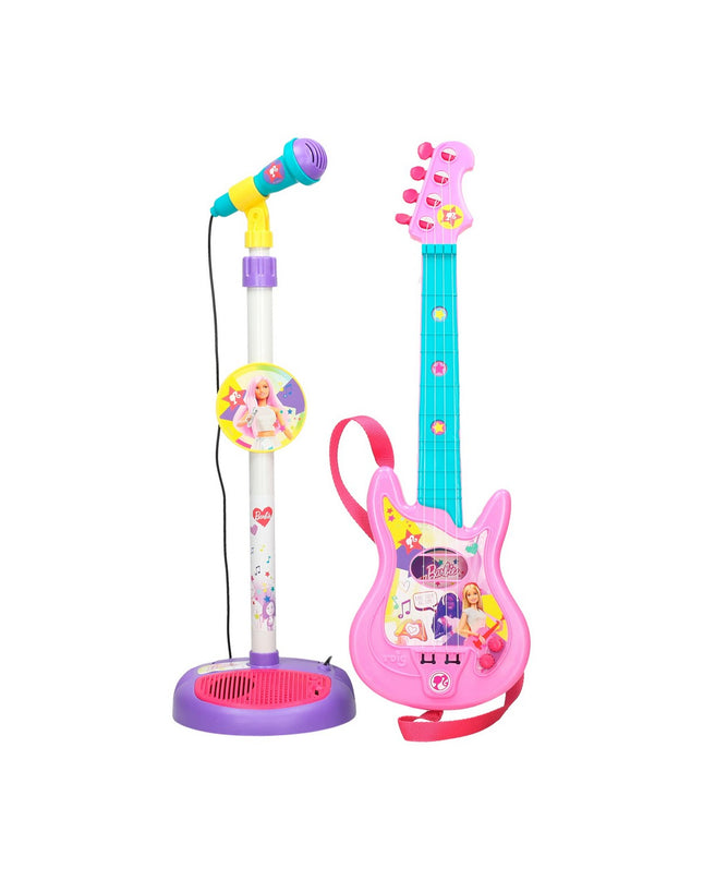 Barbie music set featuring a toy microphone and mini guitar for children, perfect for imaginative play and musical fun.